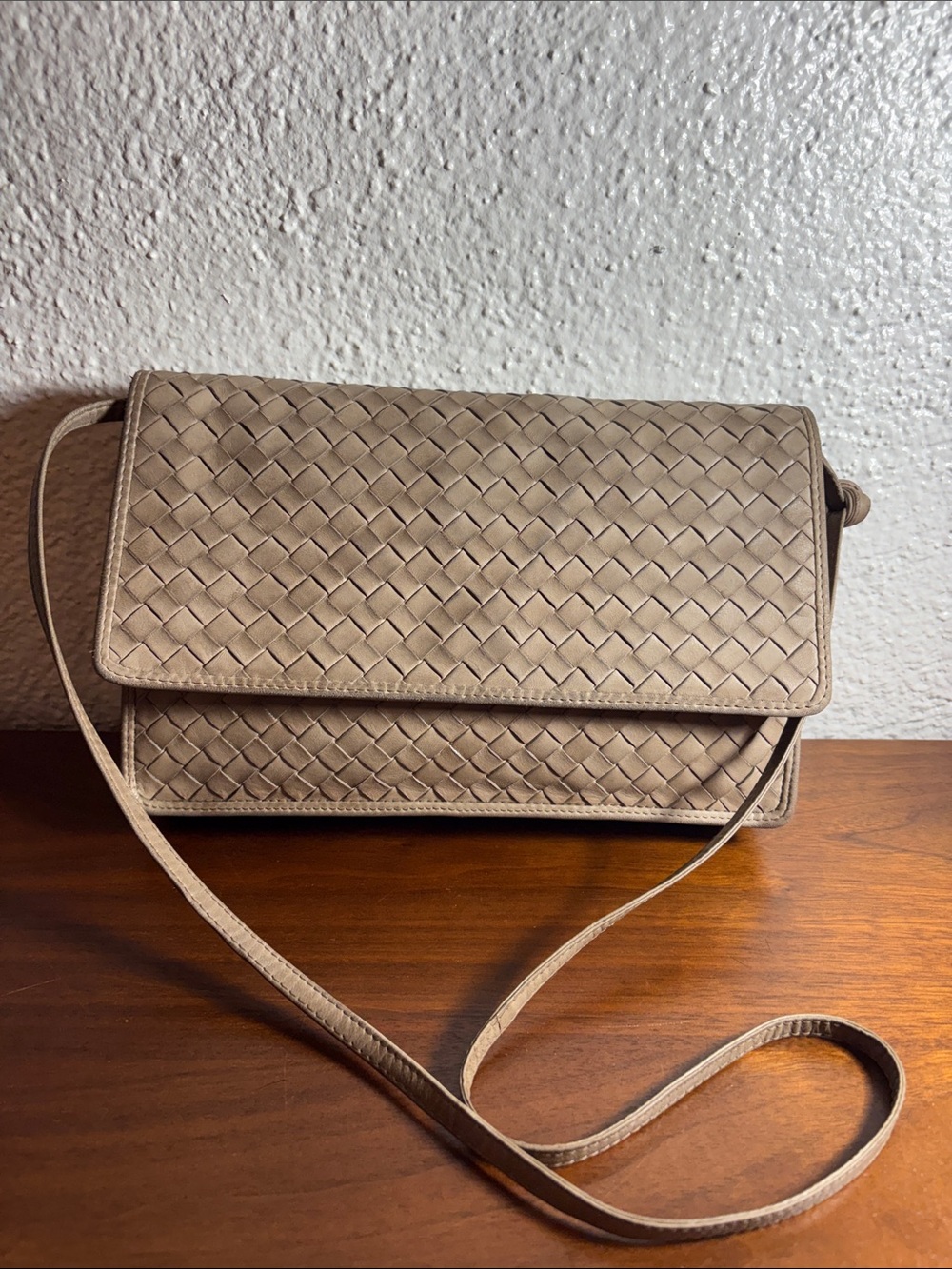 Vintage Bottega Veneta Intrecciato Leather Crossbody Bag in Taupe